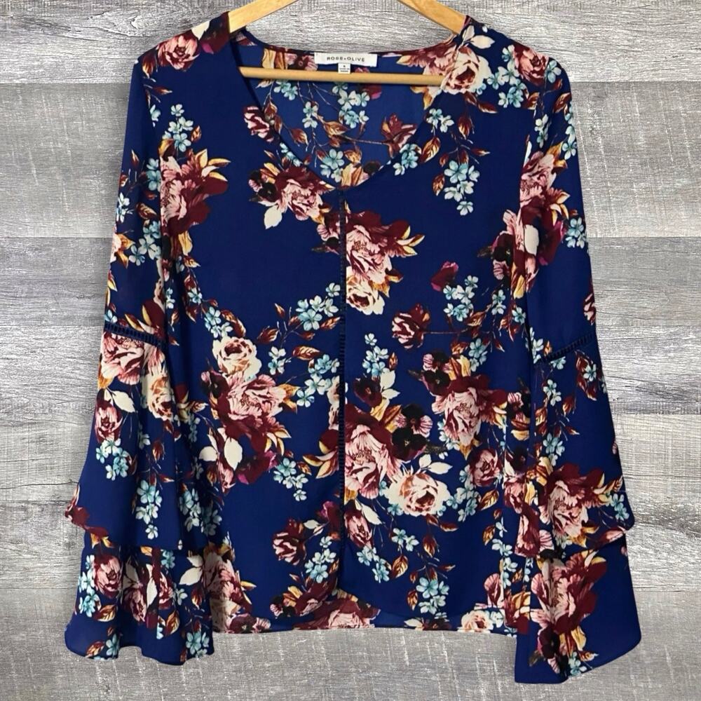 Rose + Olive Floral Peasant Top Women S Flare Bell Long Sleeve Blouse Navy Blue